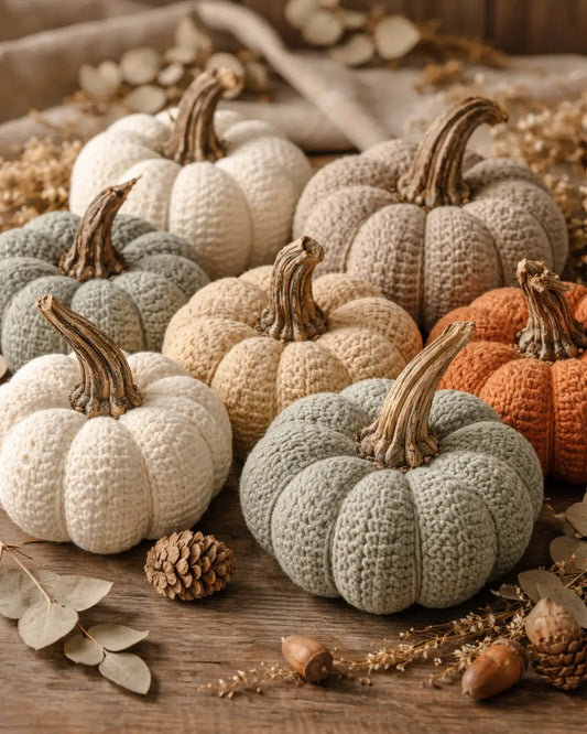 Crocheted Pumpkins with Natural Dried Pumpkin Stems for a Realistic Finish