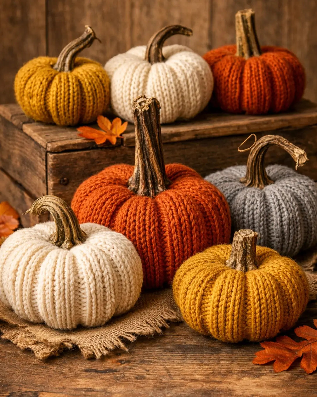 Knitted Pumpkins Made Extra Charming with Real Dried Pumpkin Stems
