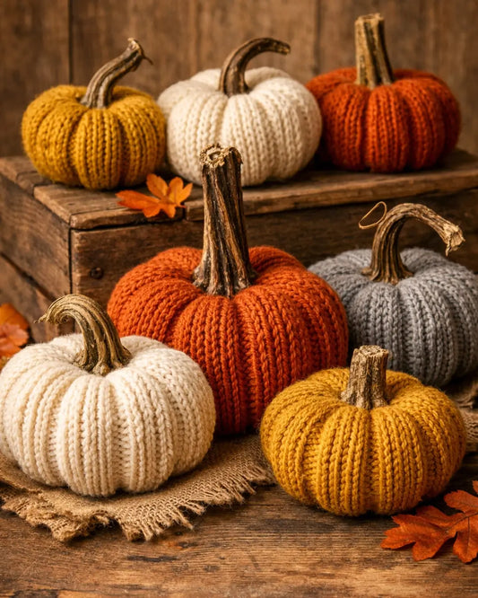 Knitted Pumpkins Made Extra Charming with Real Dried Pumpkin Stems