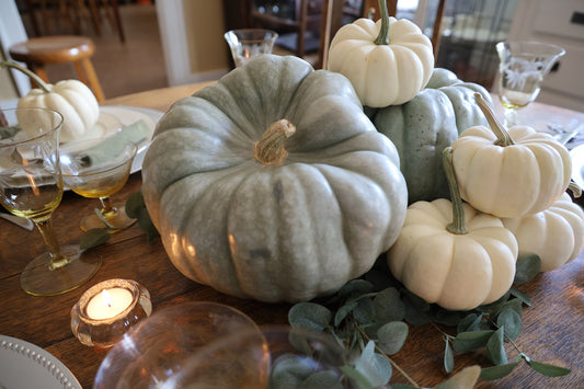 Tablescape with Blue Doll Pumpkin and Long Stemmed Casper Pumpkin