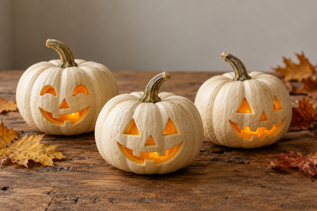 Three small white pumpkins with simple carved jack-o-lantern faces