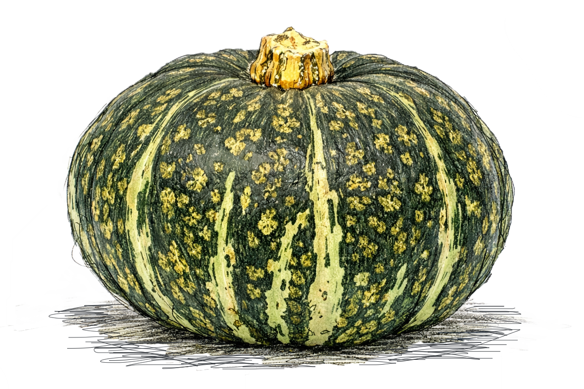 Illustration of a green and yellow striped pumpkin on a white background
