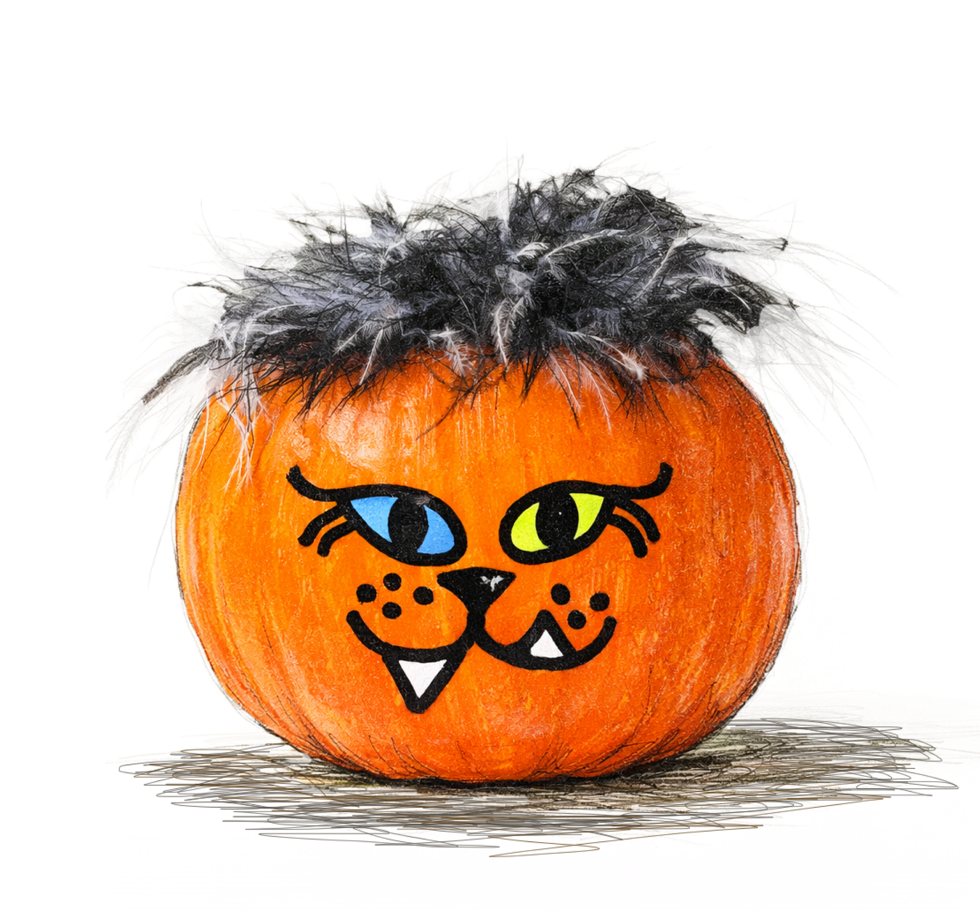 Pumpkin with a face drawing and black feathers on a white background