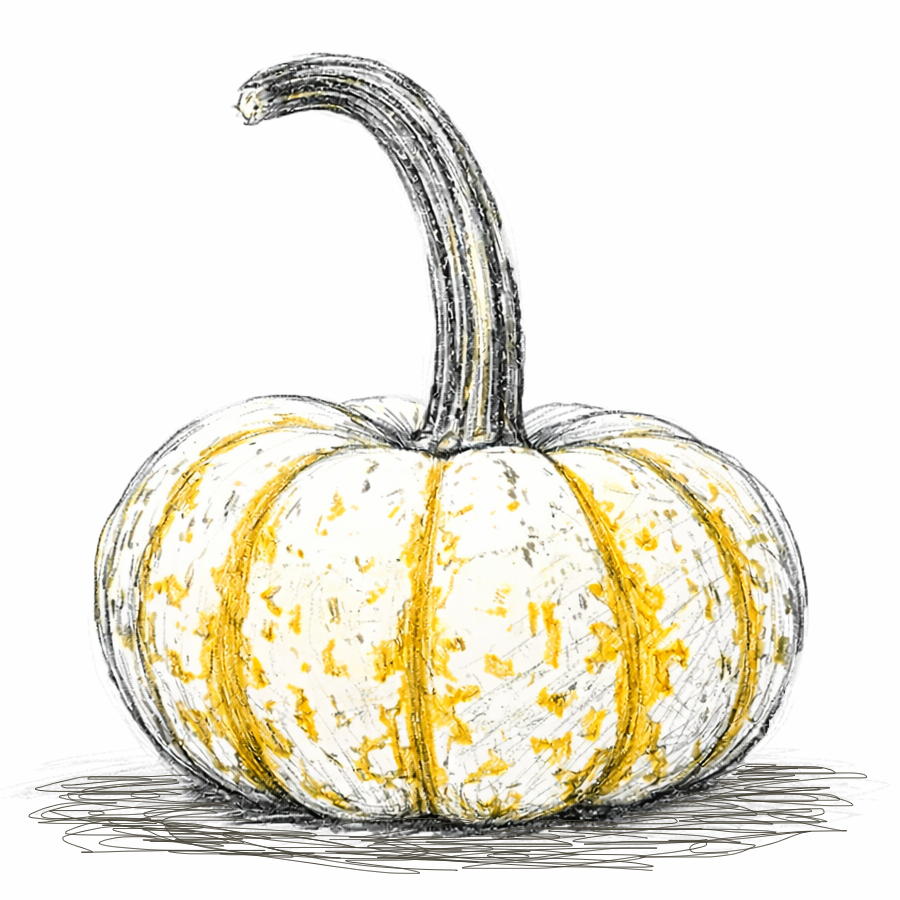 Detailed black and white drawing of a pumpkin with a white background