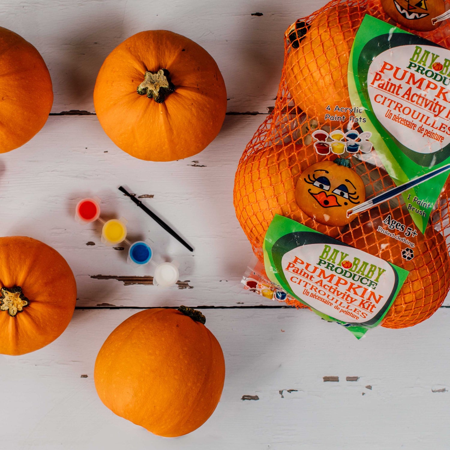 Pumpkin painting activity kit with pumpkins on a wooden surface