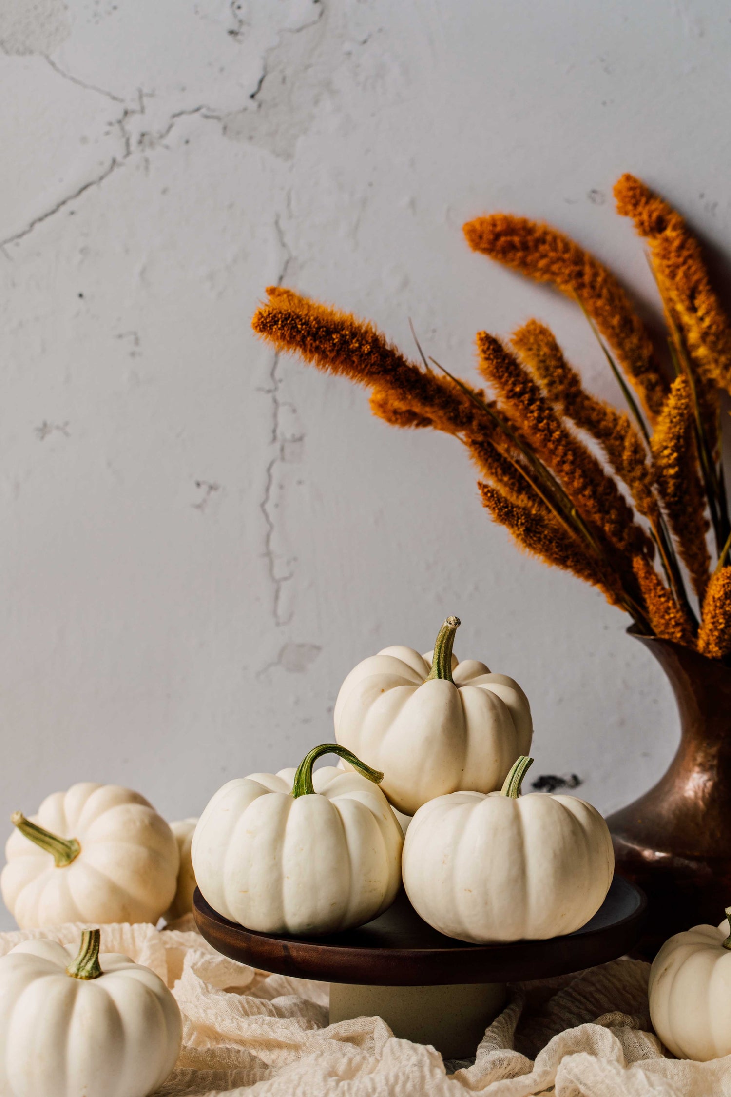 White pumpkins on a wooden stand with decorative grasses against a textured wall.